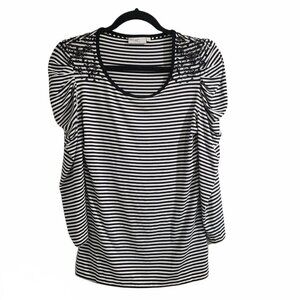 Country Casuals CC Rushed Sleeves Black and White Striped Top Size Small